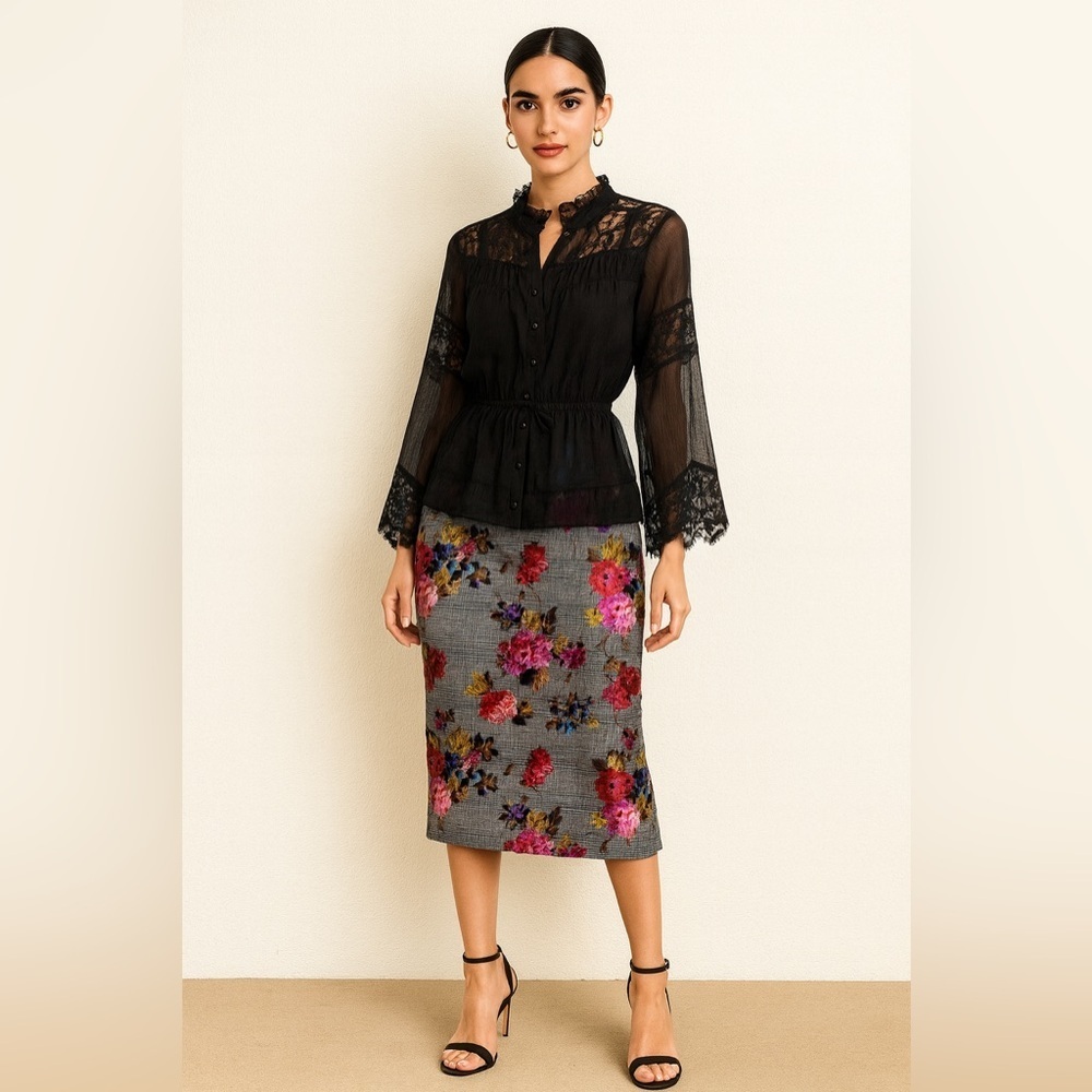 ECI Women's Floral Pencil Skirt - Gray and Red Steampunk